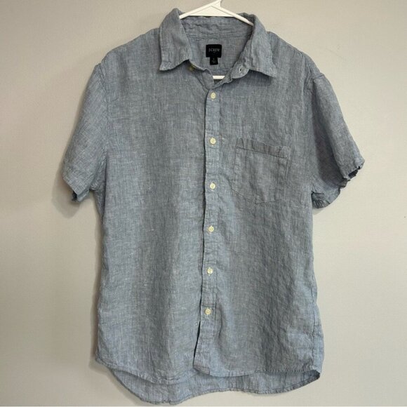 J. Crew Men's Light Blue Linen Cotton Blend Short Sleeve Button Down Shirt Large - Picture 1 of 6